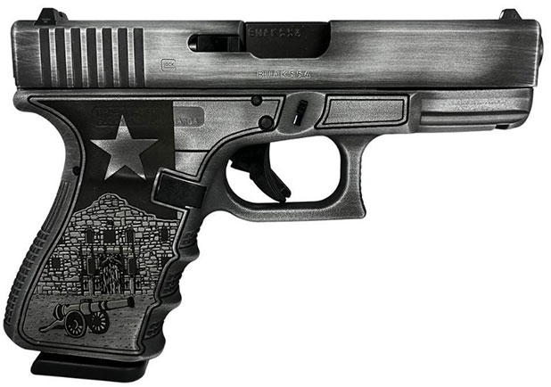 Glock 19 Gen 3 Custom Texas Silver Pistol GLUI19502TXS, 9mm, 4.48 in, Black Polymer Grip, Gas Nitride Finish, Fixed Sights, 15 Rds