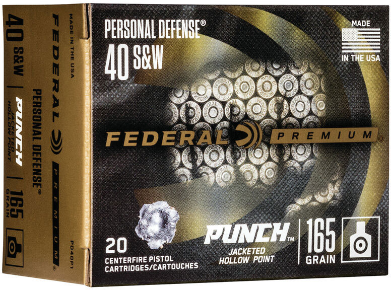 Federal Personal Defense Punch Pistol Ammunition PD40P1, 40 Smith & Wesson, Jacketed Hollow Point (JHP), 165 GR, 20 Rd/bx