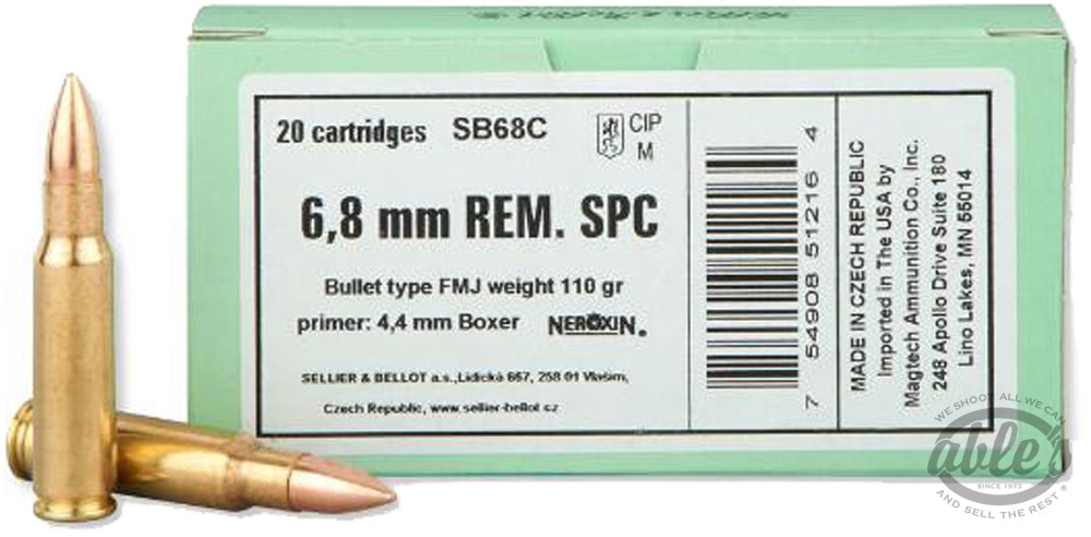 Sellier & Bellot Rifle Ammunition SB68C, 6.8mm Remington SPC, Full Metal Jacket (FMJ), 110 GR, 20 Rd/bx