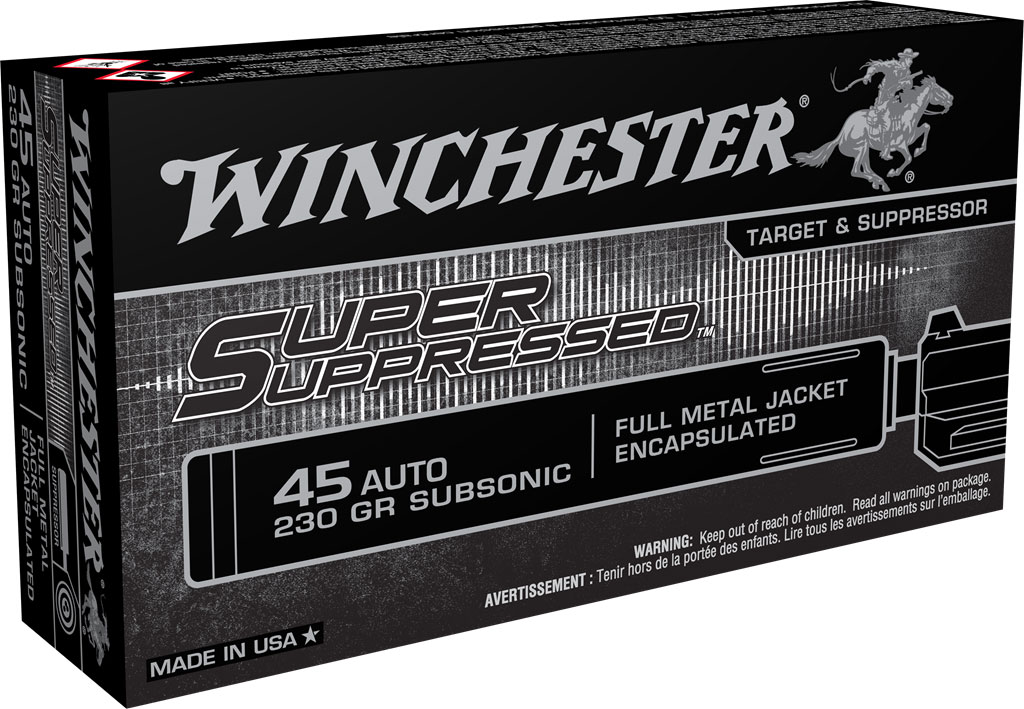 Winchester Super Suppressed Pistol Ammunition SUP45, 45 ACP, FMJ, 230 GR, 850 fps, 20 Rd/bx