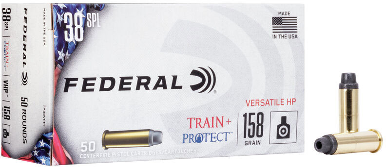 Federal Train & Protect Pistol Ammunition TP38VHP1, 38 Special, Versatile Hollow Point, 158 gr, 50 Rd/Bx