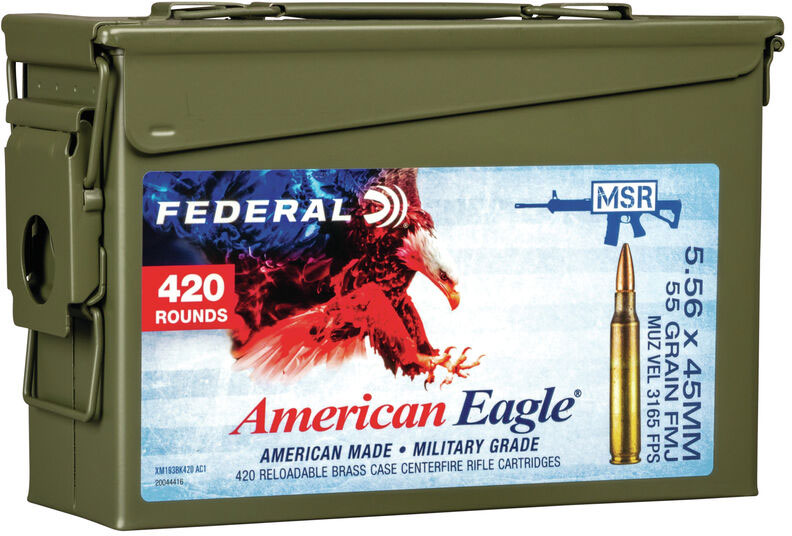Federal XM Rifle Ammunition XM193BK420AC1, 5.56mm NATO, Full Metal Jacket Boat-Tail, 55 GR, 3165 fps, 420 Rd/Can