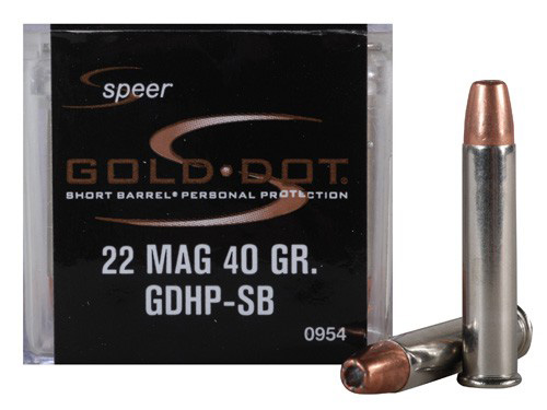 Speer Gold Dot Short Barrel Ammunition 0954, 22 Magnum (WMR), Gold Dot Hollow Point (HP), 40 GR, 1050 fps, 50 Rd/bx