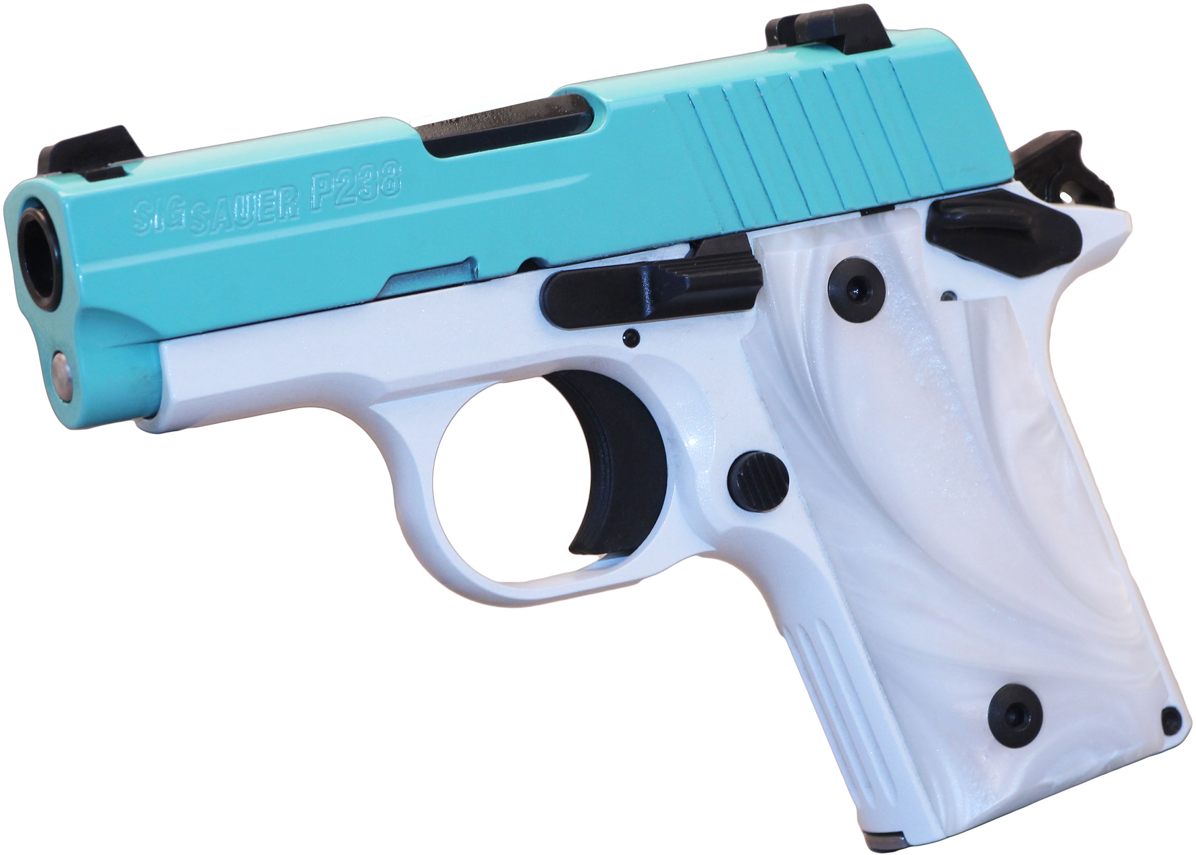 Sig P238 Pistol 238-380-TSW, 380 ACP, Pistol 2.7 in, White Pearl Grips, Pearl White Frame w/ Robins Egg Blue Slide, 6 Rd