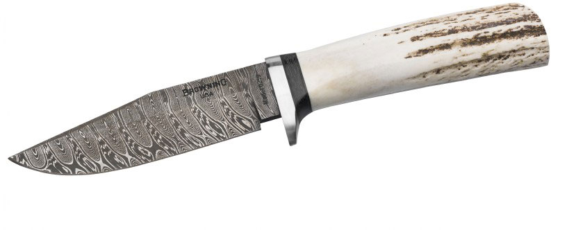 Browning Storm Front Damascus Stag Clip Point Fixed Hunting Knife w/ Leather Sheath (3220218)