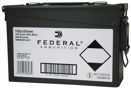 Federal XM Rifle Ammunition XM80220AC1, 7.62x51mm, Full Metal Jacket (FMJ), 149 GR, 2750 fps, 220 Rd Ammo Can