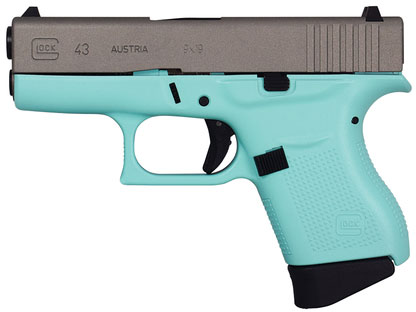 Glock 43 Single Stack Pistol PI4350201EBSS, 9mm, 3.39", Eggshell Blue Synthetic Grips, Stainless Finish, 6 Rd
