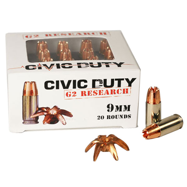 G2 Research Civic Duty Handgun Ammunition G2CD9MM, 9mm, CD Hollow Point, 100 GR, 1230 fps, 20 Rd/bx
