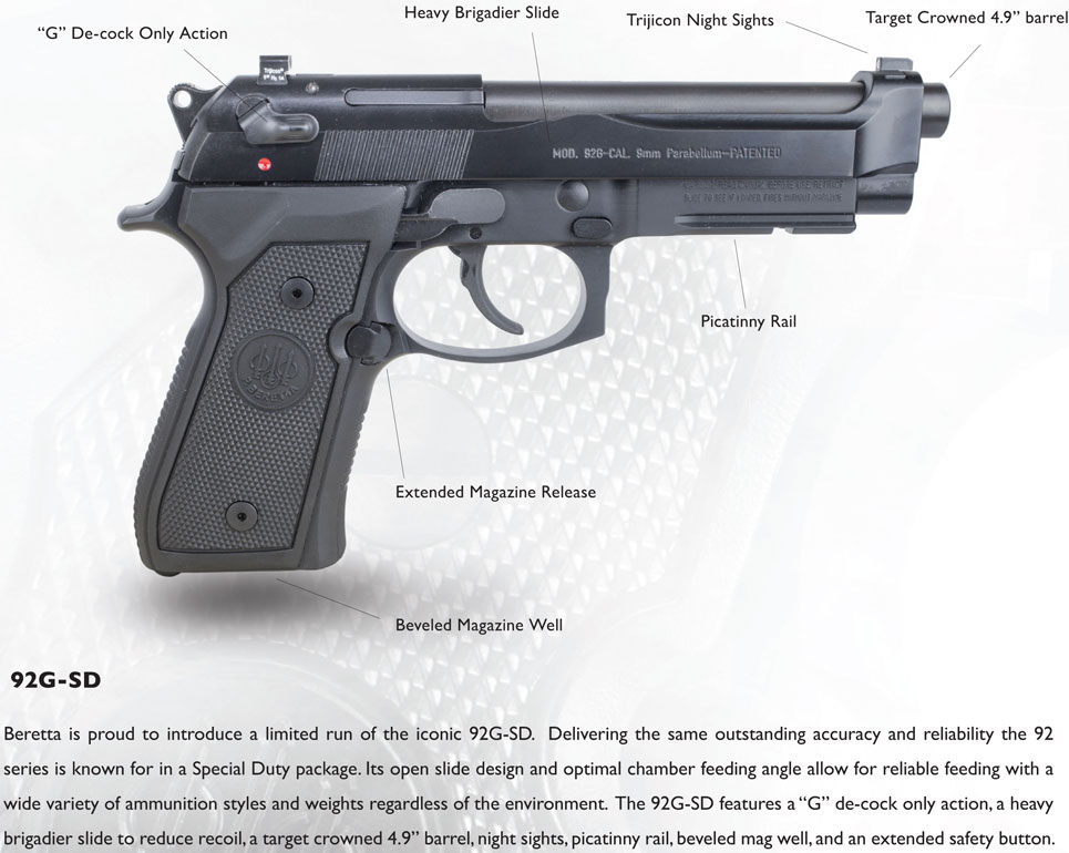 Beretta 92G-SD Special Duty Pistol J92GSD1M, 9mm, 4.9", Black Synthetic Grips, Black Finish, 15 Rd