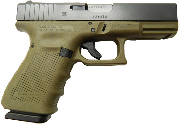 Glock 19 Gen4 Pistol PG1950203BFG, 9mm, 4.02 in, Battlefield Green Polymer Grip, Black Finish, 15 Rd