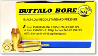 Buffalo Bore Low Recoil Handgun Ammunition 45185FMJ-FN-LR/20, 45 ACP, FMJ Flat Nose (FN), 185 GR, 865 fps, 20 Rd/bx