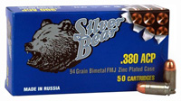 Silver Bear Pistol Ammunition AS380FMJ, 380 ACP, Full Metal Jacket (FMJ), 94 GR, 50 Rd/bx