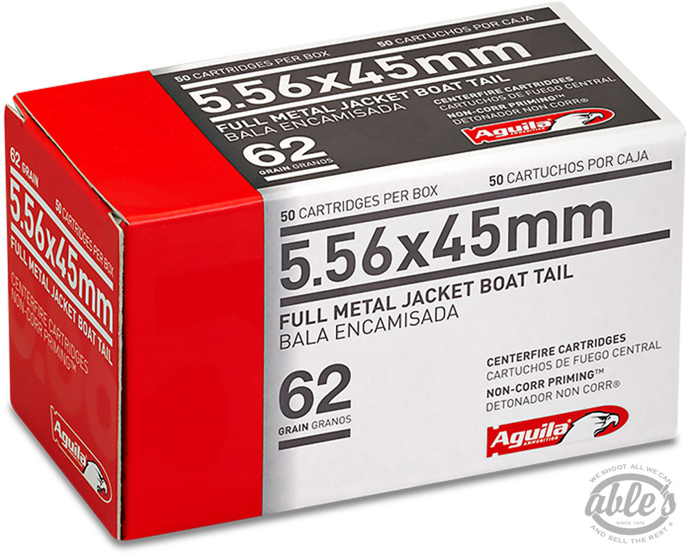 Aguila Rifle Ammunition 1E556110, 5.56MM NATO, 62 GR Full Metal Jacket Boat Tail, 3150 fps, 50 Rd/Bx