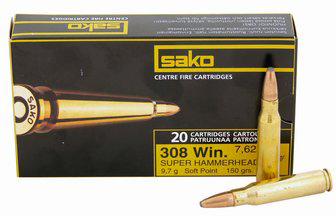 Sako Super Hammerhead Rifle Ammunition PC29235A, 308 Winchester, Soft Point Boat Tail Bonded Core, 150 GR, 20 Rd/bx