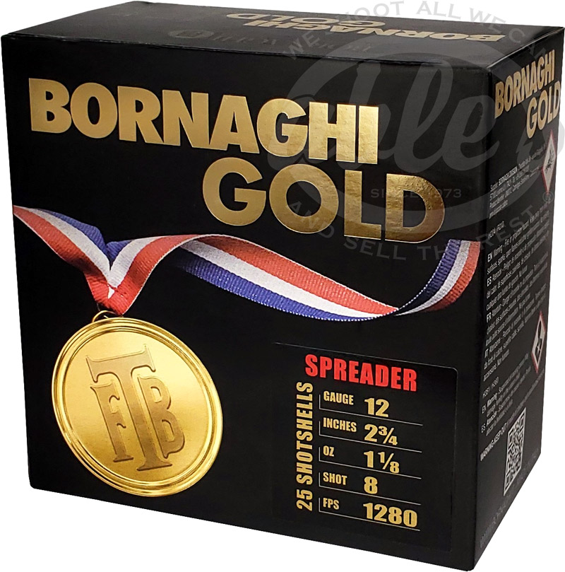 Bornaghi Gold Spreader Loads T4GOLDSPREADER328, 12 Gauge, 2-3/4", 1 1/8 oz, 1280 fps, #8 Shot, 25 Rd/bx