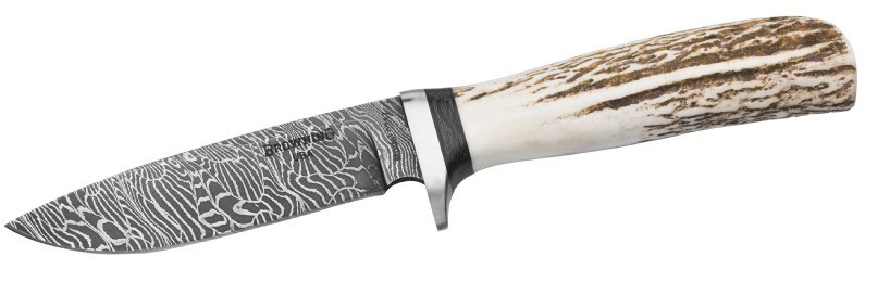 Browning Storm Front Damascus Stag Drop Point Fixed Hunting Knife w/ Leather Sheath (3220217)