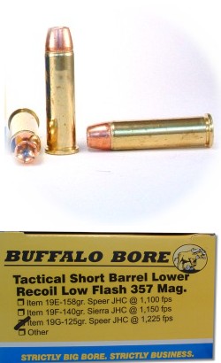 Buffalo Bore Handgun Ammunition 19G/20, 357 Magnum, Jacketed Hollow Point (JHP), 125 GR, 1225 fps, 20 Rd/Bx