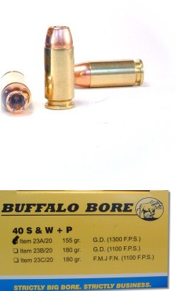 Buffalo Bore Handgun Ammunition 23A/20, 40 S&W +P, Jacketed Hollow Point (JHP), 155 GR, 1300 fps, 20 Rd/Bx