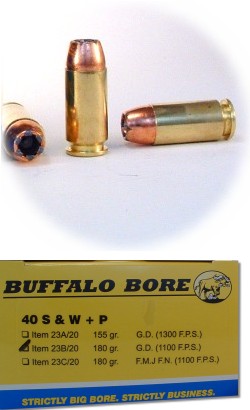 Buffalo Bore Handgun Ammunition 23B/20, 40 S&W +P, Jacketed Hollow Point (JHP), 180 GR, 1100 fps, 20 Rd/Bx