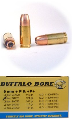Buffalo Bore Handgun Ammunition 24B/20, 9mm Luger +P+, Jacketed Hollow Point (JHP), 124 GR, 1300 fps, 20 Rd/Bx