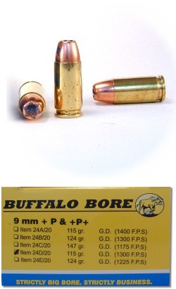 Buffalo Bore Handgun Ammunition 24D/20, 9mm Luger +P, Jacketed Hollow Point (JHP), 115 GR, 1300 fps, 20 Rd/Bx