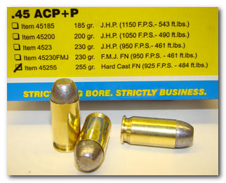 Buffalo Bore Handgun Ammunition 45-255/20, 45 ACP +P, Hard Cast Flat Nose (FN), 255 GR, 925 fps, 20 Rd/Bx