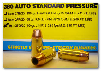 Buffalo Bore Handgun Ammunition 27G/20, 380 Auto, Jacketed Hollow Point (JHP), 90 GR, 1025 fps, 20 Rd/Bx