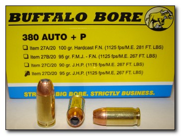 Buffalo Bore Handgun Ammunition 27D/20, 380 Auto +P, Jacketed Hollow Point (JHP), 95 GR, 1125 fps, 20 Rd/Bx