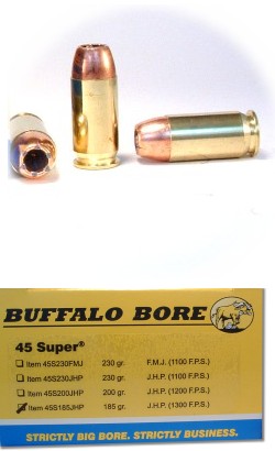 Buffalo Bore Handgun Ammunition 45S200, 45 Super, Jacketed Hollow Point (JHP), 200 GR, 1200 fps, 50 Rd/Bx