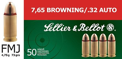 Sellier & Bellot Pistol Ammuntion SB32A, 32 ACP, Full Metal Jacket (FMJ), 73 GR, 1043 fps, 50 Rd/bx