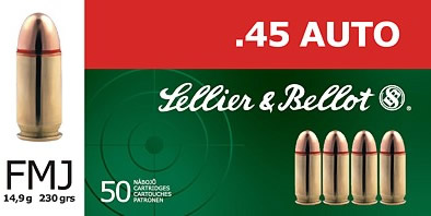 Sellier & Bellot Pistol Ammunition SB45C, 45 ACP, Jacketed Hollow Point (JHP), 230 GR, 889 fps, 50 Rd/bx