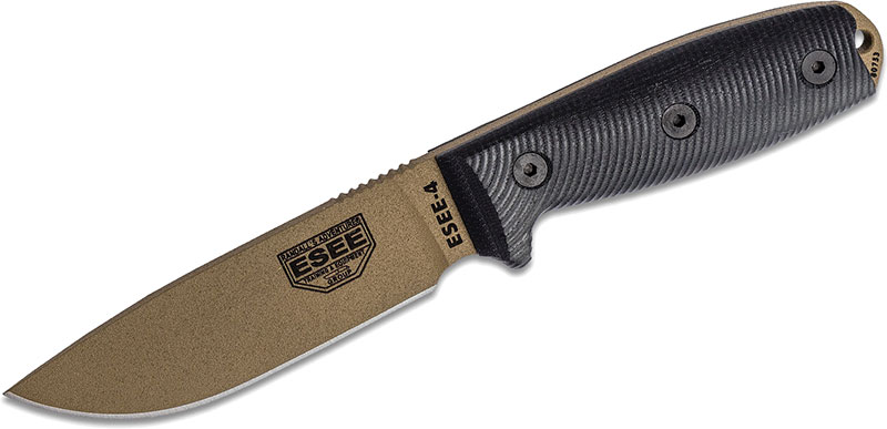 ESEE Knives ESEE-4 Fixed Blade Knife w/Dark Earth Drop Point Blade, Black 3D G-10 Handle (4PDE-001)