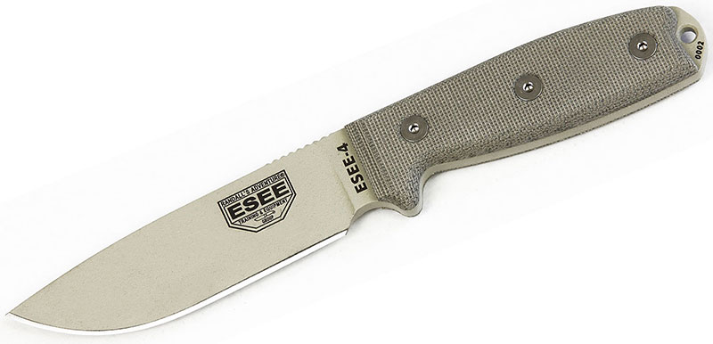 ESEE Knives ESEE-4 Fixed Blade Knife w/Desert Tan Blade, MOLLE Back, Olive Drab Sheath (ESEE-4P-MB-DT)