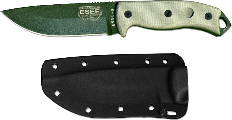 ESEE Knives ESEE-5 Fixed Blade Knife w/Olive Drab Plain Edge Blade, Kydex Sheath (ESEE-5P-OD-E)