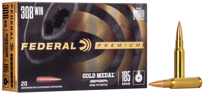 Federal Premium Gold Medal Berger Rifle Ammunition GM308BH185, 308 Winchester, Open Tip Match, 185 GR, 2600 fps, 20 Rd/Bx