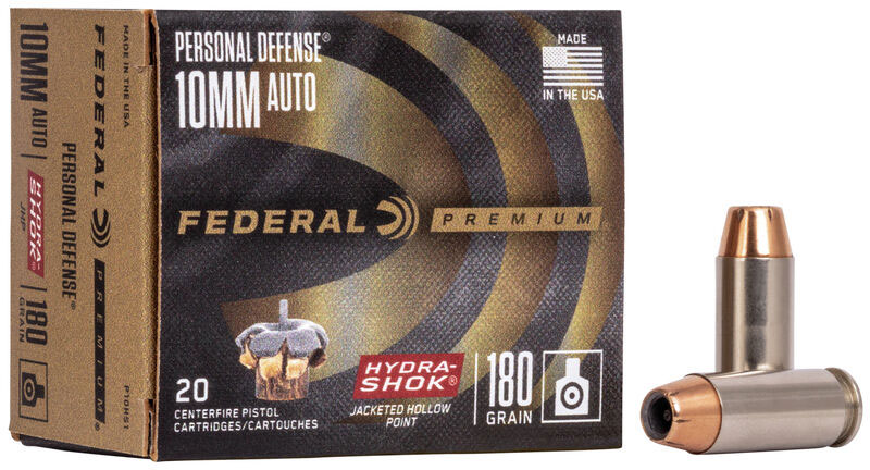 Federal Premium Personal Defense Ammunition P10HS1, 10 mm, Hydra-Shok JHP, 180 GR, 1030 fps, 20 Rd/bx