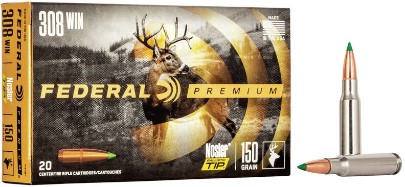 Federal Premium Vital-Shok Rifle Ammunition P308F, 308 Winchester, Nosler Ballistic Tip, 150 GR, 2820 fps, 20 Rd/bx