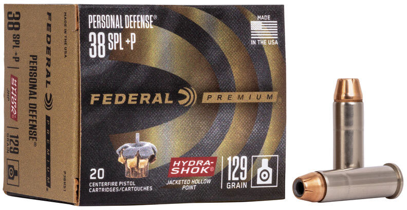 Federal Premium Personal Defense Handgun Ammunition P38HS1, 38 Special +P, Hydra-Shok JHP (JHP), 129 GR, 950 fps, 20 Rd/bx