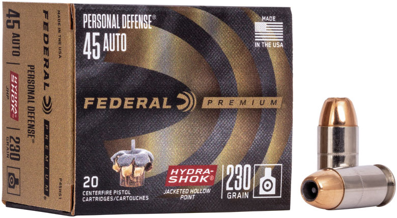 Federal Premium Vital-Shok Pistol Ammunition P45HS1, 45 ACP, Hydra-Shok JHP (JHP), 230 GR, 890 fps, 20 Rd/bx