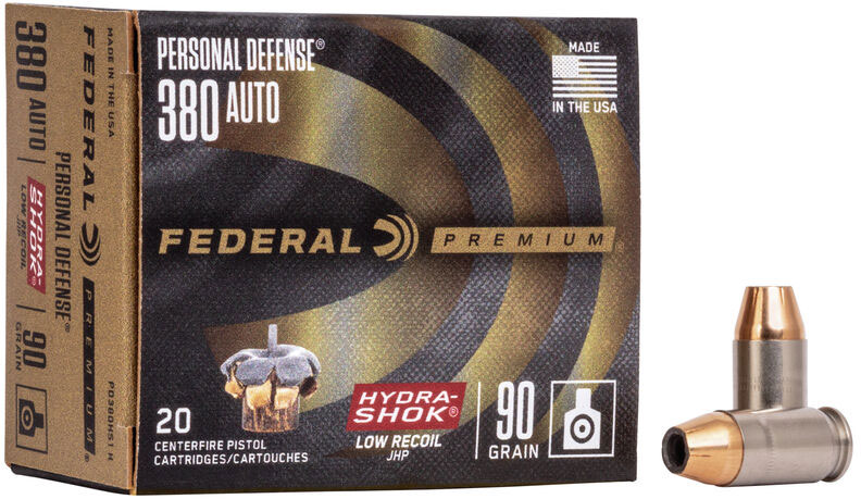 Federal Premium Personal Defense Pistol Ammunition PD380HS1H, 380 ACP, Hydra-Shok JHP (JHP), 90 GR, 1000 fps, 20 Rd/bx