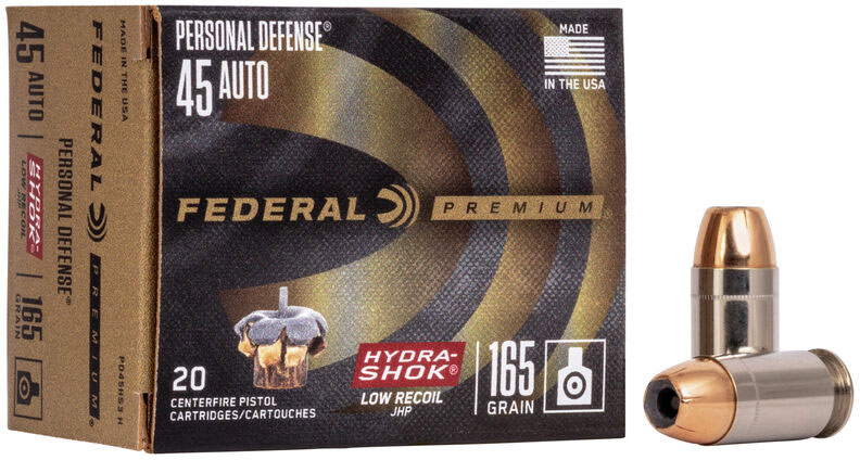 Federal Premium Personal Defense Pistol Ammunition PD45HS3H, 45 ACP, Hydra-Shok JHP (JHP), 165 GR, 1060 fps, 20 Rd/bx