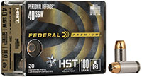 Federal Personal Defense HST Pistol Ammunition P40HST1S, 40 Smith & Wesson, Jacketed Hollow Point (JHP), 180 GR, 20 Rd/bx