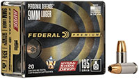 Federal Premium Personal Defense Pistol Ammunition P9HSD1, 9mm, Hydra-Shok Deep, 135 GR, 1060 fps, 20 Rd/bx