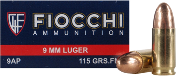 Fiocchi Shooting Dynamics Pistol Ammunition 9AP, 9mm, Full Metal Jacket (FMJ), 115 GR, 1200 fps, 50 Rd/bx