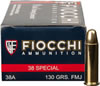 Fiocchi Shooting Dynamics Pistol Ammunition 38A, 38 Special, Full Metal Jacket (FMJ), 130 GR, 950 fps, 50 Rd/bx