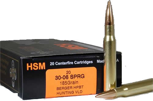 HSM Trophy Gold Rifle Ammunition 3006185VLD, 30-06 Springfield, Berger Match Hunting VLD, 185 GR, 2721 fps, 20 Rd/bx