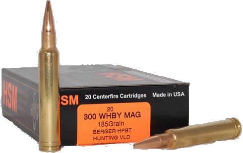 HSM Trophy Gold Rifle Ammunition 300WBY185VLD, 300 Weatherby, Berger Match Hunting VLD, 185 GR, 3121 fps, 20 Rd/bx