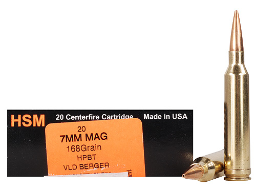 HSM Trophy Gold Rifle Ammunition 7MAG168VLD, 7mm Remington Magnum, Berger Hunting VLD, 168 GR, 3067 fps, 20 Rd/bx