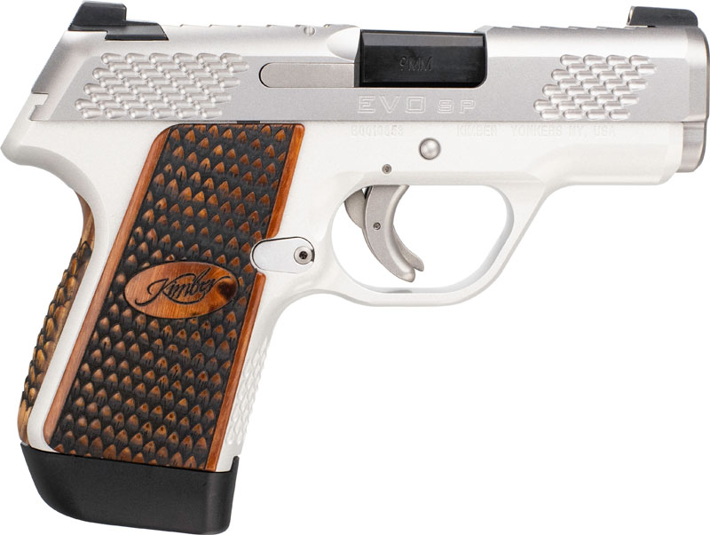 Kimber 3900014 EVO SP Stainless Raptor Pistol, 9MM, 3.16 in, Wood Scale Grips, KimPro Silver Frame/FNC Slide, Tritium Night Sights