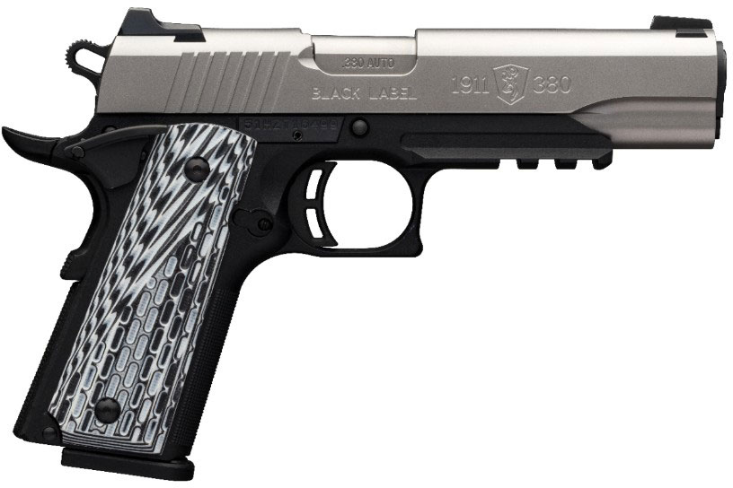 Browning 1911-380 Black Label Pro Satinless Pistol w/Rail 051923492, 380 ACP, 4.25", G10 Grips, Two-Tone Finish, 8 Rd